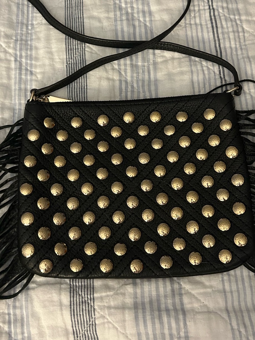 Rebecca Minkoff Black Crossbody with Gold Studs and Fringe